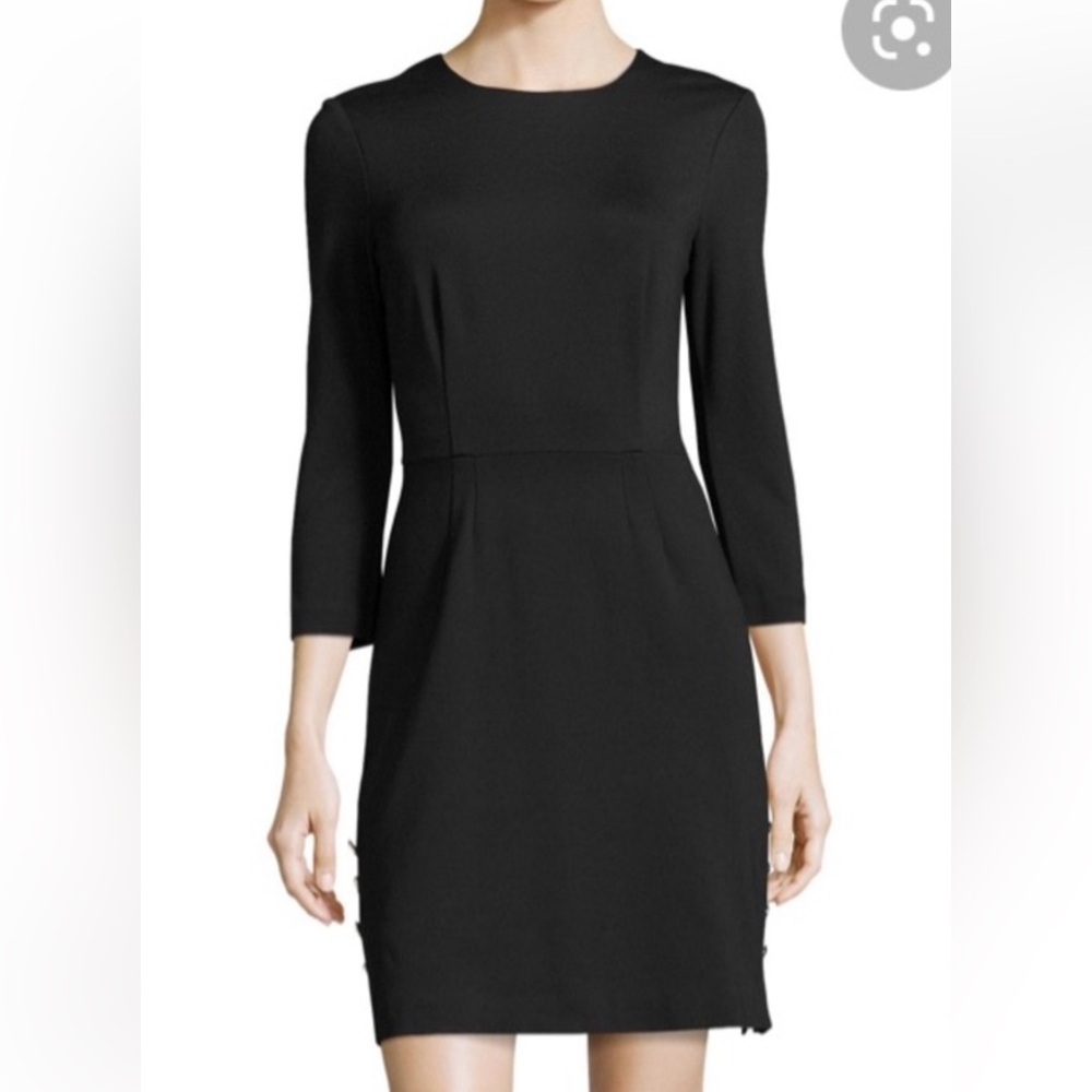 Trina Turk Ponte knit Black sheath dress with gold buttons lbd